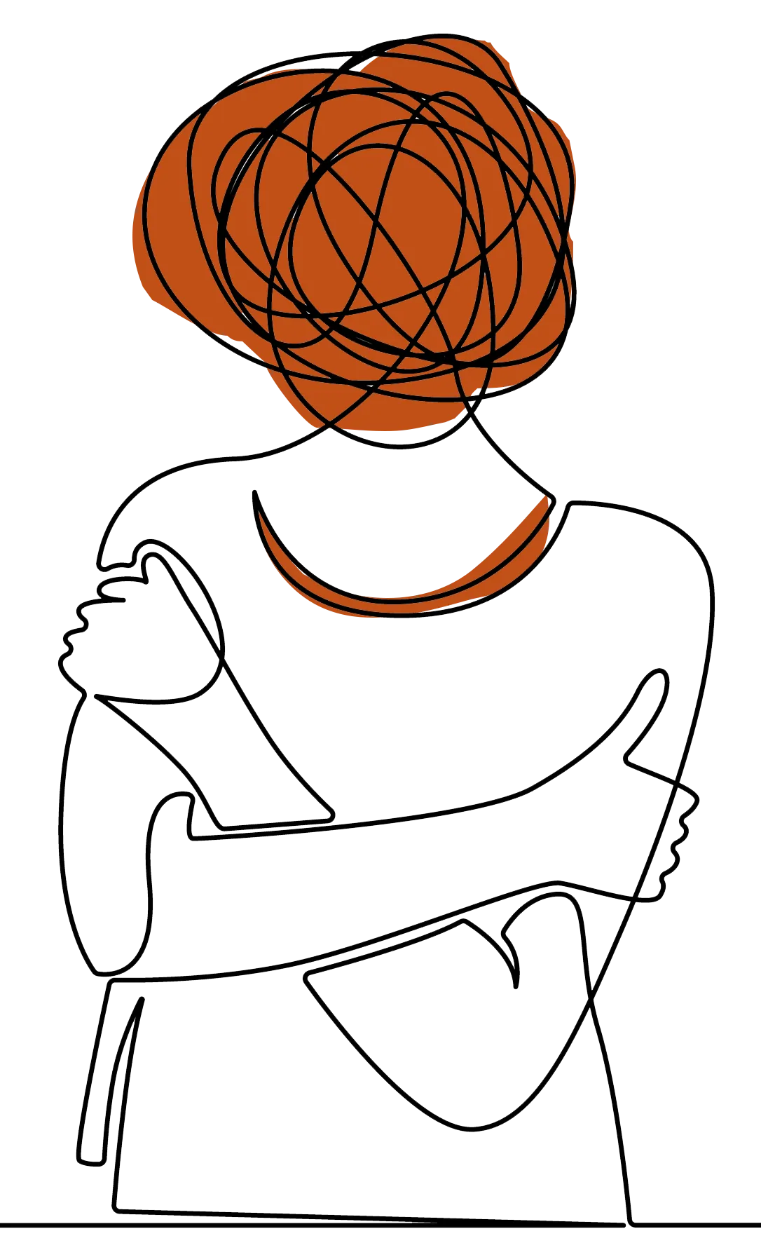 Line drawing of a person hugging themselves, head a tangled scribble