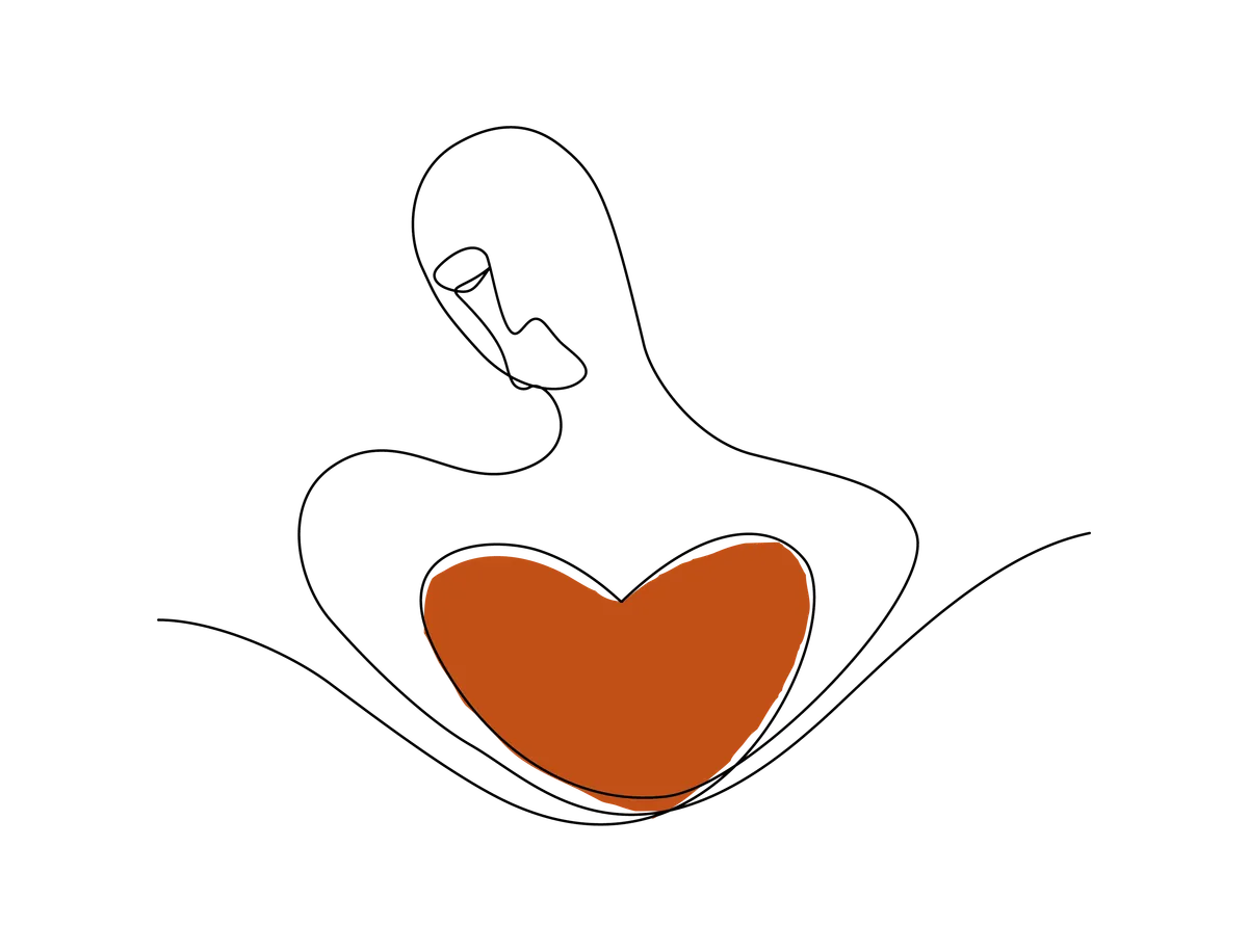 Line drawing of a person looking down with a heart on their chest
